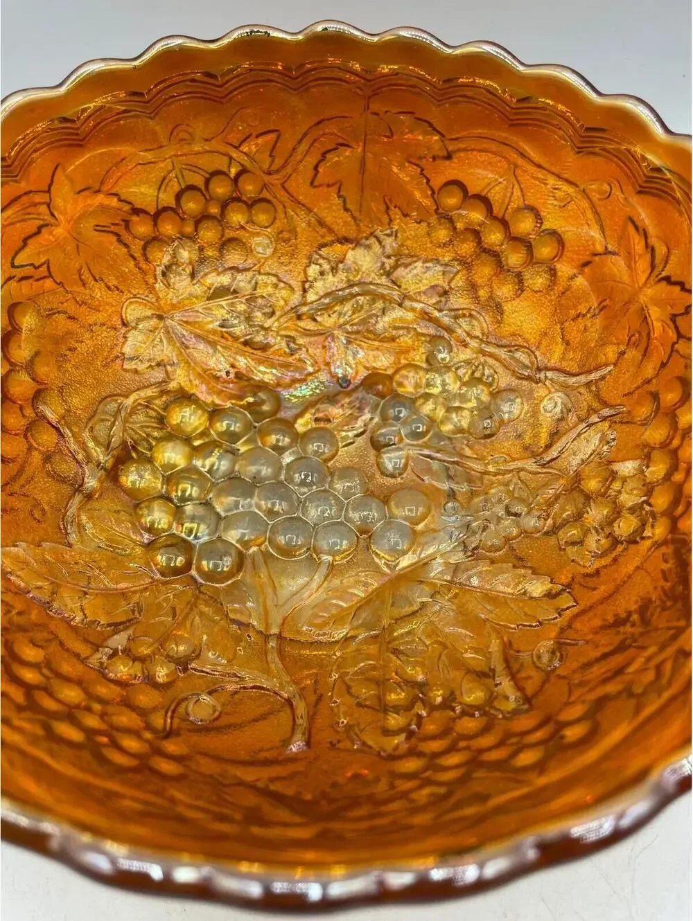 1920s Imperial Carnival Glass Bowl: Marigold Grapes & Leaves, Autumn Decor